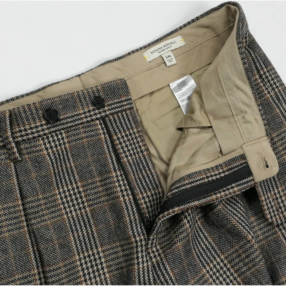 Banana Republic Mens 36x30 Tailored Slim Fit Glen Plaid Wool Tweed Italian Pants